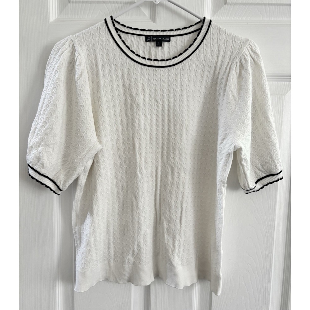 Adrianna Papell Ladylike Scalloped Edge Short Sleeve Sweater Size Large Wht/Navy